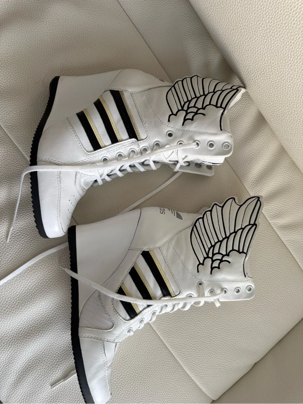 Jeremy Scott White Wedge Sneakers with Black and Gold Stripes and Wing Detail 10